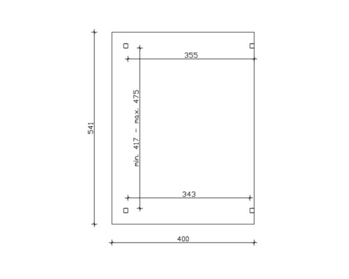 Technische tekening met maatvoering: 541 millimeter hoogte, 400 millimeter breedte, minimaal 417 millimeter tot maximaal 475 millimeter diepte, 355 millimeter boven, 343 millimeter onder.