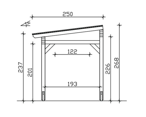 Technische tekening van een schuilplaats met afmetingen
