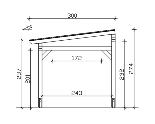 Technische tekening van een carport met afmetingen.
