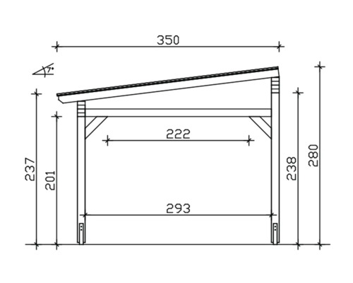 Technische tekening van een houten afdak met afmetingen
