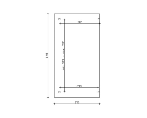 Technische tekening met maatvoering: 648, 350, 305, 293, minimaal 524, maximaal 552