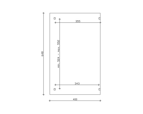 Technische tekening met afmetingen voor een product, afmetingen: 648, 355, 343, 400, minimaal 524, maximaal 552