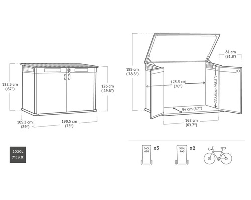 Afbeelding met afmetingen van de Keter StoreBox opbergbox