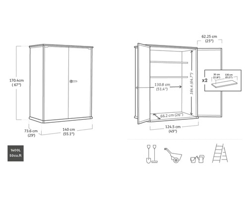 Technische tekening van een gereedschapskast met afmetingen