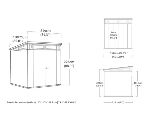 Afbeelding van de afmetingen van een tuinhuis