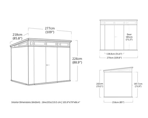 Technische tekening van een tuinhuis met afmetingen