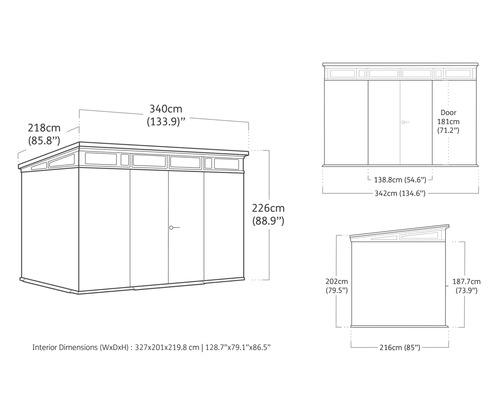 Technische tekening van een tuinhuis met afmetingen