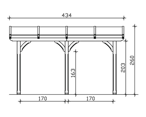 Technische tekening van een houten paviljoen met afmetingen