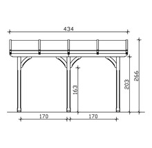 Technische tekening van een houten paviljoen met maatvoering