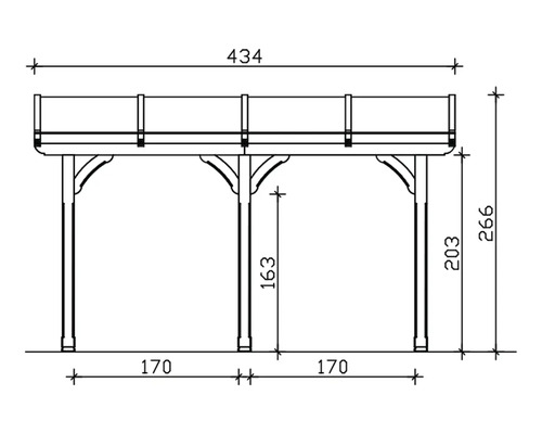 Technische tekening van een houten paviljoen met maatvoering