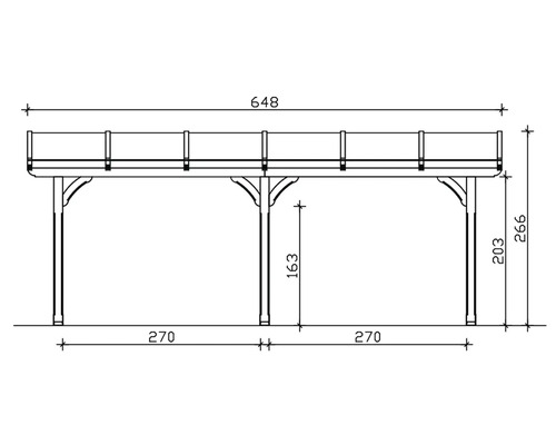 Technische tekening van een houten pergola met afmetingen