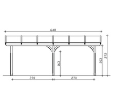 Technische tekening van een houten pergola met afmetingen