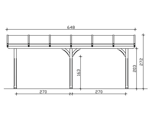Technische tekening van een houten pergola met afmetingen