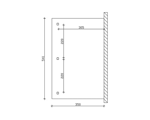 Technische tekening met maatvoering voor wandmontage.