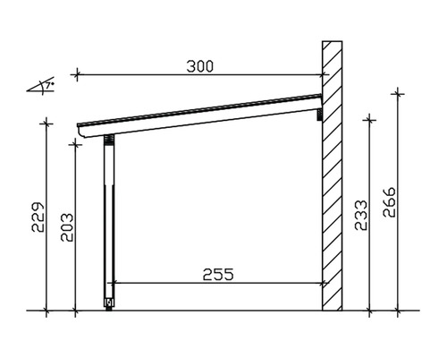 Technische tekening van een overkapping met afmetingen.