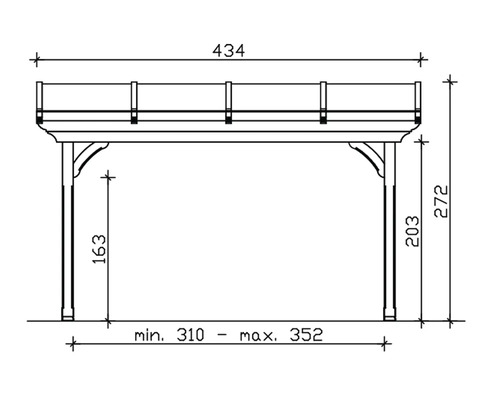 Technische tekening van een houten paviljoen met afmetingen