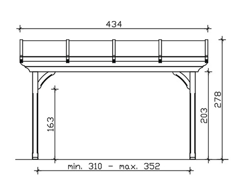 Technische tekening van een tuinpaviljoen met afmetingen