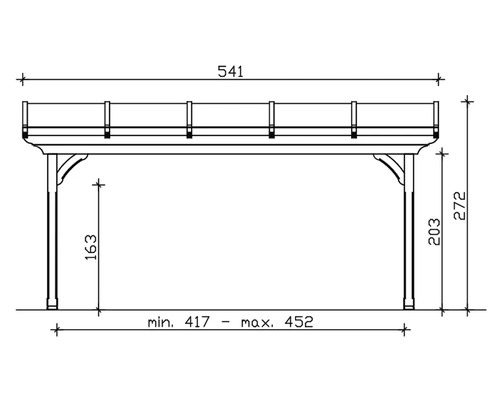 Technische tekening van een overkapping met afmetingen