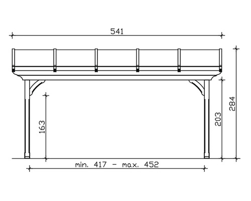 Technische tekening van een tuinhuis met afmetingen