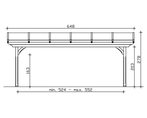Technische tekening van een tuinpaviljoen met afmetingen