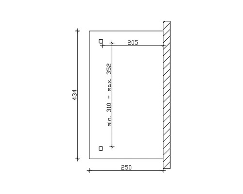 Technische tekening met maatvoering voor een product, inclusief hoogte- en breedtegegevens.