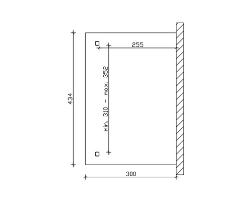 Technische tekening met maatvoering van een product, inclusief hoogte- en breedtegegevens