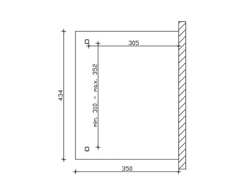 Afmetingen van het product: 434, 350, 305, minimale hoogte 310 en maximale hoogte 352