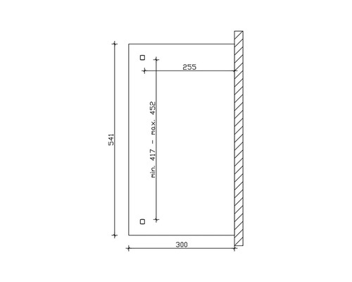 Technische tekening met afmetingen voor een product. Hoogte 541, breedte 300, minimale montagehoogte 417, maximale montagehoogte 452, diepte 255.