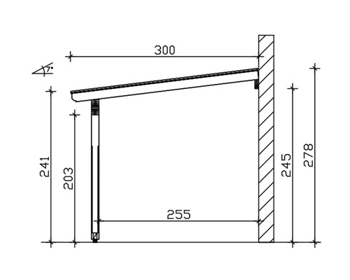 Technische tekening van een afdak met afmetingen.
