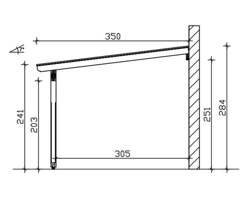 Technische tekening van een terrasoverkapping met maatvoering.