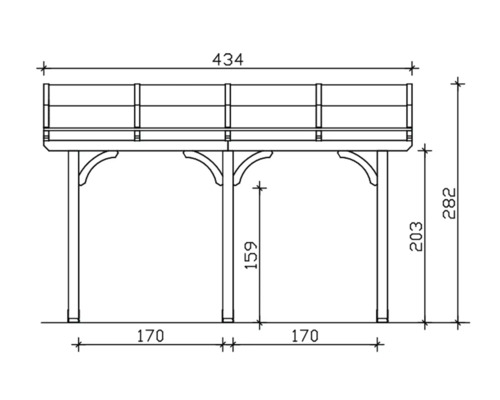 Technische tekening van een houten paviljoen met afmetingen