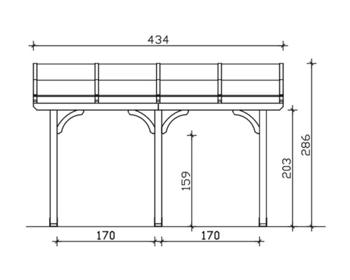 Technische tekening van een houten pergola met afmetingen