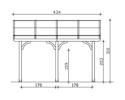 Technische tekening van een houten terras met afmetingen