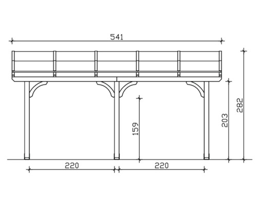 Technische tekening van een tuinhuis met afmetingen.