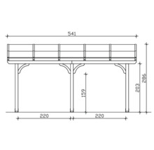 Technische tekening van een houten tuinpaviljoen met maatvoering