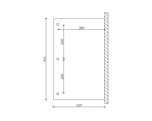 Technische tekening met maatvoering voor wandmontage, afmetingen 541 x 339 mm.