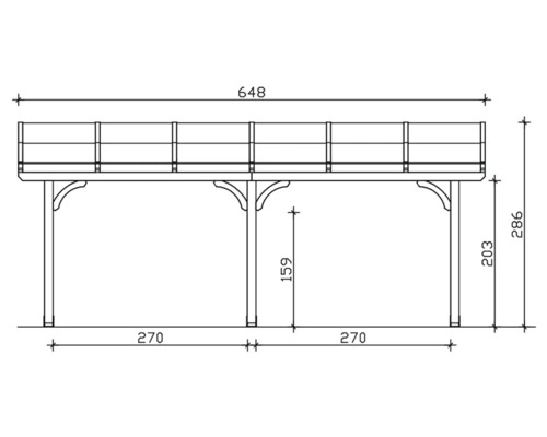 Technische tekening van een carport met afmetingen