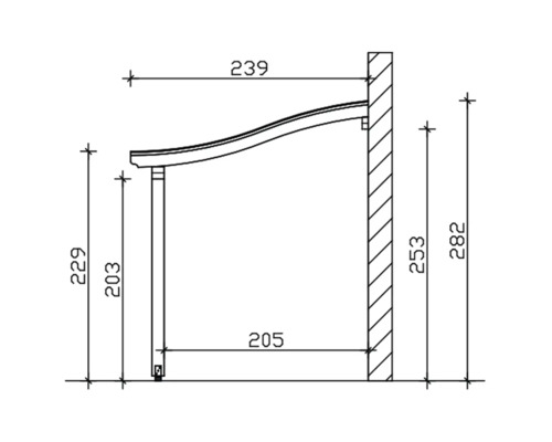 Technische tekening van een overkapping van een voordeur met afmetingen