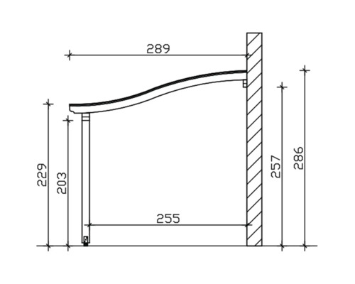 Technische tekening van een afdak met afmetingen