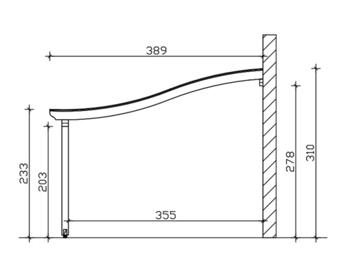 Technische tekening van een zonnescherm met afmetingen