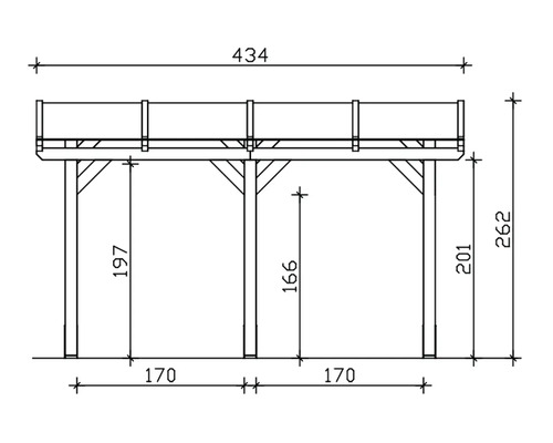 Technische tekening van een houten terras met afmetingen