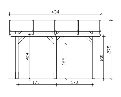 Technische tekening van een houten terras met afmetingen