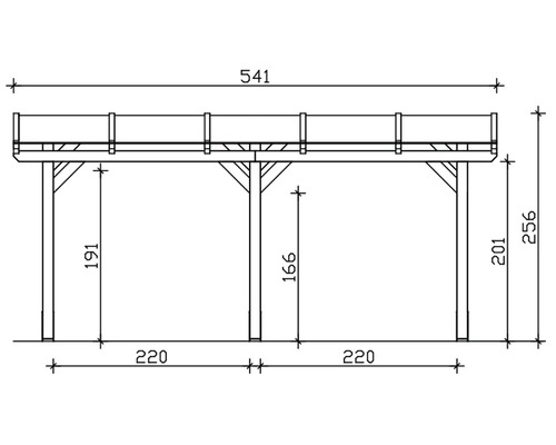 Technische tekening van een carport met maatvoering.