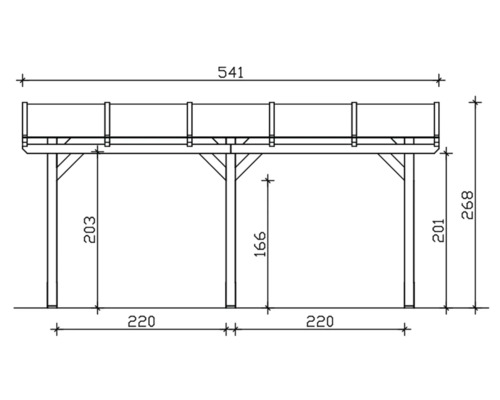 Technische tekening van een overkapping met afmetingen
