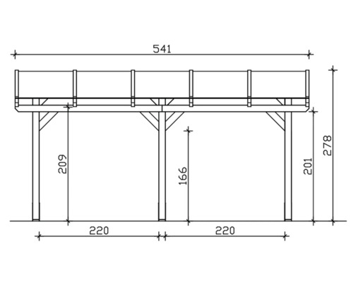 Technische tekening van een houten terras met afmetingen
