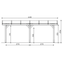 Technische tekening van een houten carport met afmetingen