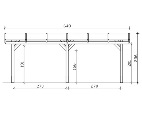 Technische tekening van een houten carport met afmetingen