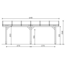 Technische tekening van een dubbele carport met afmetingen.