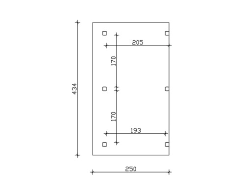 Technische tekening met afmetingen van een rechthoekig product: 434 mm hoog, 250 mm breed, gatafstanden 170 mm en 205 mm
