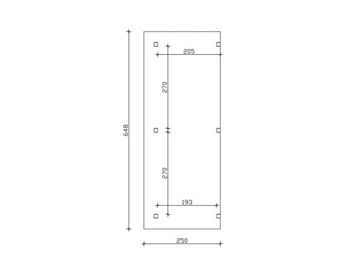 Technische tekening met afmetingen voor een rechthoekig object: 648 mm hoog, 250 mm breed, bovenbreedte 205 mm, onderbreedte 193 mm, afstand tussen de bevestigingsgaten 270 mm.